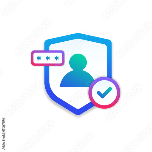 vector illustration of a cybersecurity concept including a shield, checkmark, user icon, and password entry field for security.