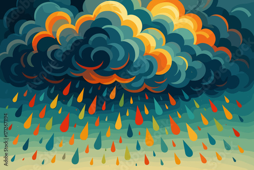 Colorful rain cloud illustration with falling droplets in a vibrant style