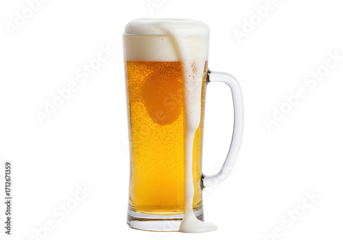 Isolated glass of refreshing beer with foam overflowing down the side of the stein