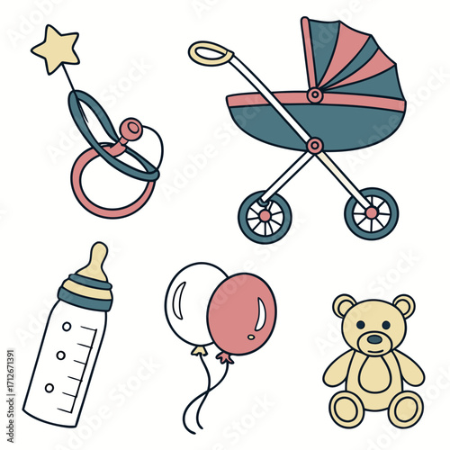 Baby shower invitation card with stroller, balloons, ball, teddy bear and baby bottle celebration of a new babys arrival with cute elements