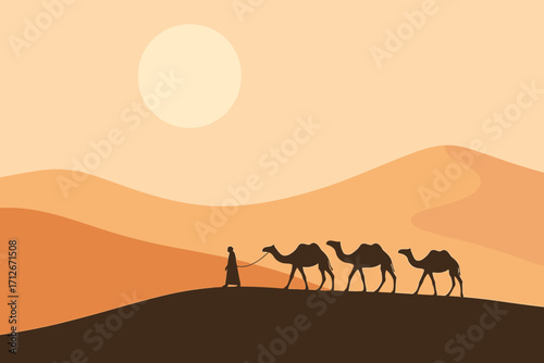 Silhouette of a person walking with camels in a desert at sunset