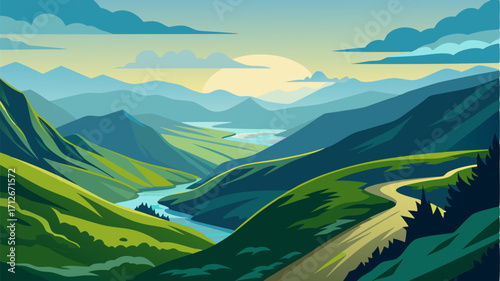From high atop a mountain a breathtaking view of the rolling valleys below stretching out as far as the eye can see.