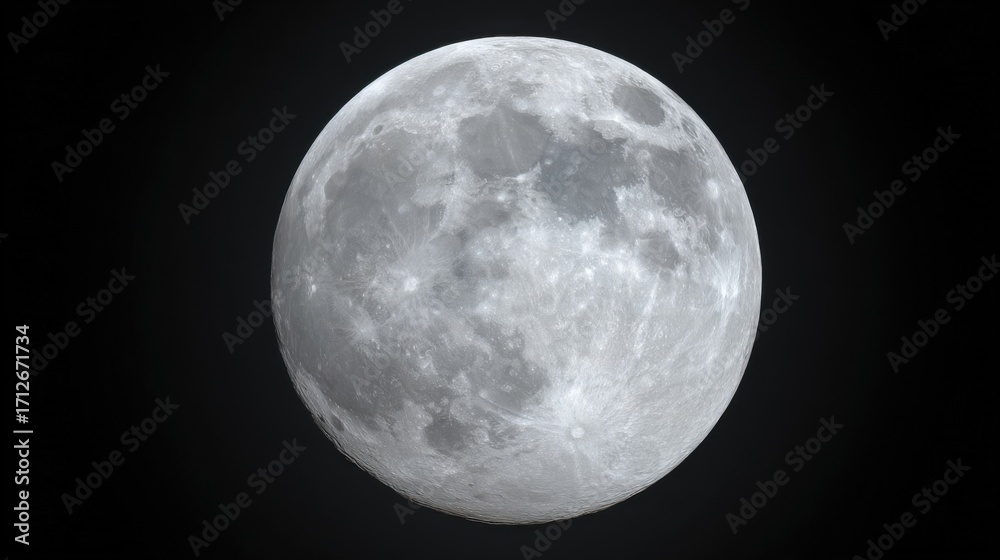 Obraz premium Full Moon with detailed craters and maria visible against the blackness of space,