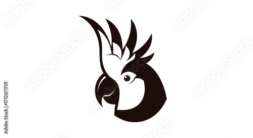 Minimalist black and white cockatoo head logo illustration.