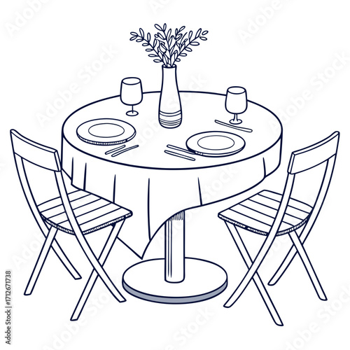 Elegant dinner table setting for two with white tablecloth, plates, glasses, and cutlery, perfect for a special occasion