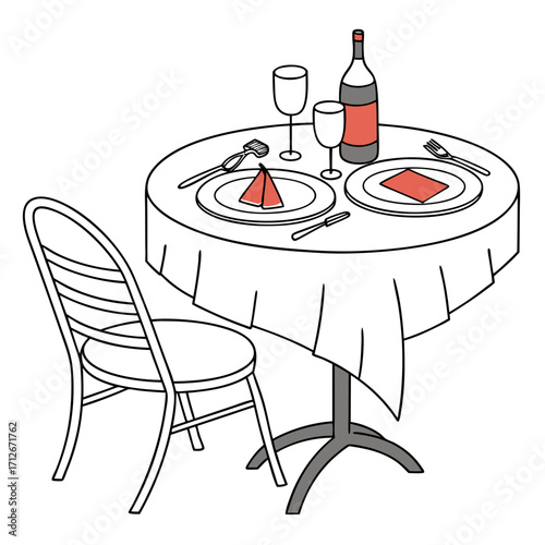 Illustration of a round dining table set for two with wine glasses and a bottle, accompanied by a chair