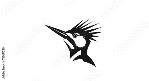 Striking black and white kingfisher bird head graphic emblem.