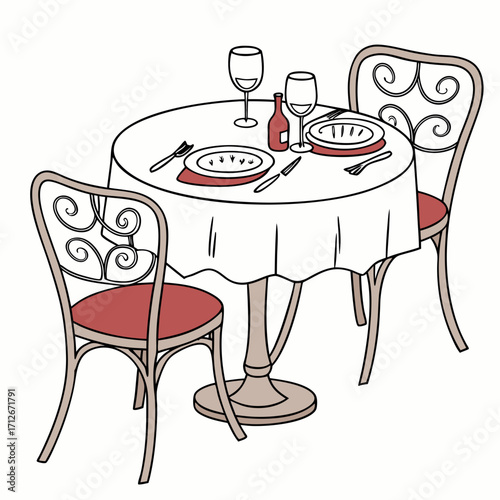 Cozy dinner table setting for two with white tablecloth, plates, glasses, wine bottle, and cutlery, perfect for a romantic date