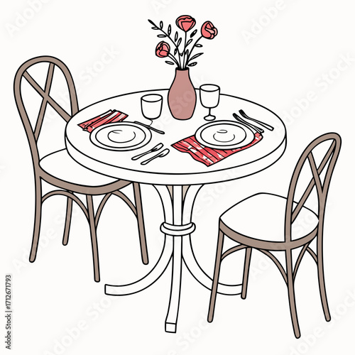 Romantic dinner table setting for two with flowers, plates, glasses, and cutlery, perfect for a date night or special occasion