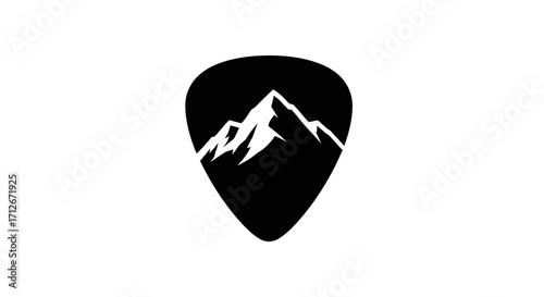 Monochrome logo of a mountain range inside a guitar pick.