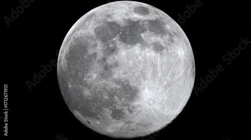 A high resolution depiction of a full moon against black background showcasing micrometeorite craters with dark centers 