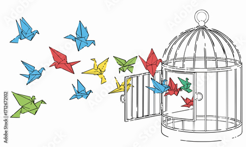 Origami Freedom
Vector illustration of an open birdcage with origami paper birds flying out, minimal clean design, isolated on white background.