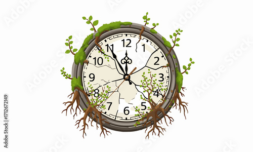 Time Roots
Flat vector of an old round clock stopped, with roots and small plants growing around and through it, symbolic, white background.generative ai