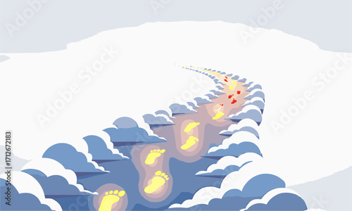 Cloud Path
Minimal flat vector of a winding cloud path with glowing footsteps leading to a bright horizon, isolated on white background.generative ai