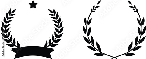 Laurel wreath vector set, black silhouette award wreath, victory crown, honor badge, champion symbol, achievement emblem, classic laurel branch design.