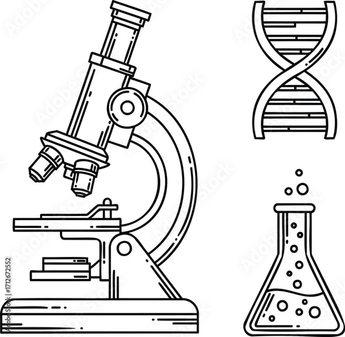 Microscope with DNA Helix and Laboratory Flask | Science Research and Medical Experiment Illustration | Genetic Engineering, Biotechnology, Education, Healthcare | Black and White Line Art Vector