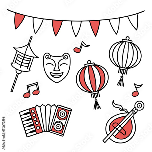 Chinese new year doodle hand drawn lantern, mask, music note, accordion, stringed instrument, and bunting symbols for festive design