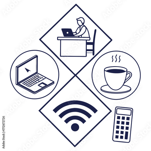 Work from home concept with laptop, coffee, calculator and wifi signal remote work, freelance, online education and business concept