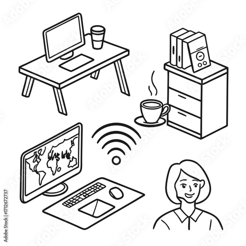 Work from home setup with computer, desk, coffee, and woman remote work, freelance, online education and business concept isometric illustration