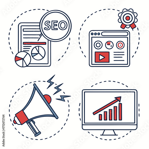 Seo and digital marketing concept with icons search engine optimization, content marketing, social media marketing, and data analysis illustration