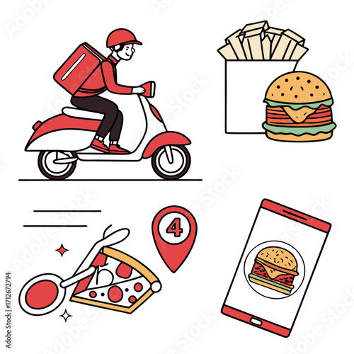 Delivery man riding scooter with food order, burger, pizza, and fries mobile app for food delivery service, fast food order online