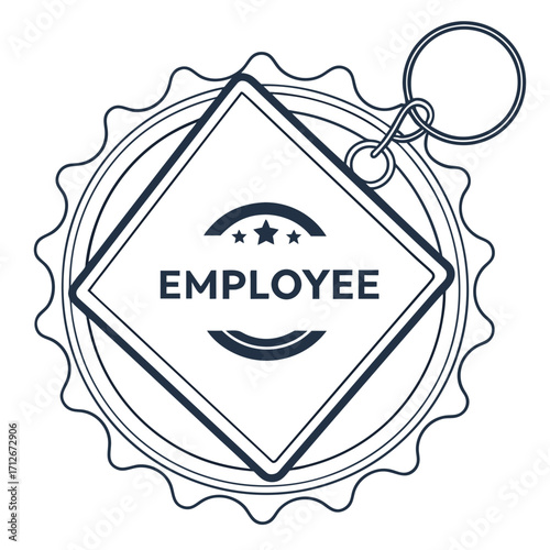 Illustration of an employee badge with a keychain, featuring a diamond shape and the word employee