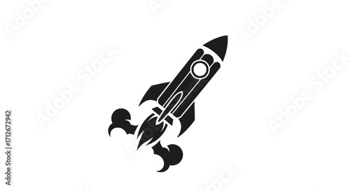 Black rocket silhouette launching upwards symbolizing space exploration and technological advancement.