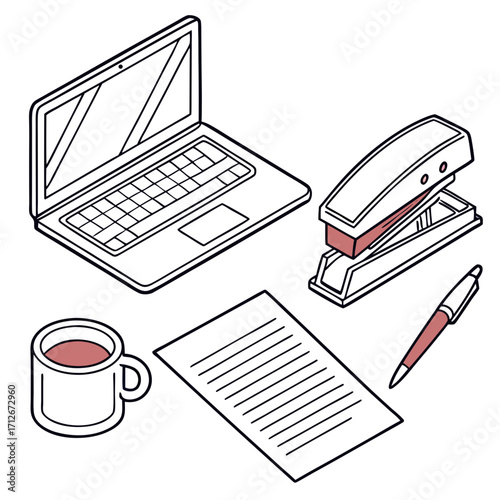 Office desk there is a laptop, a stapler, a pen, a cup of coffee, and a piece of paper on the desk the scene is simple and clean