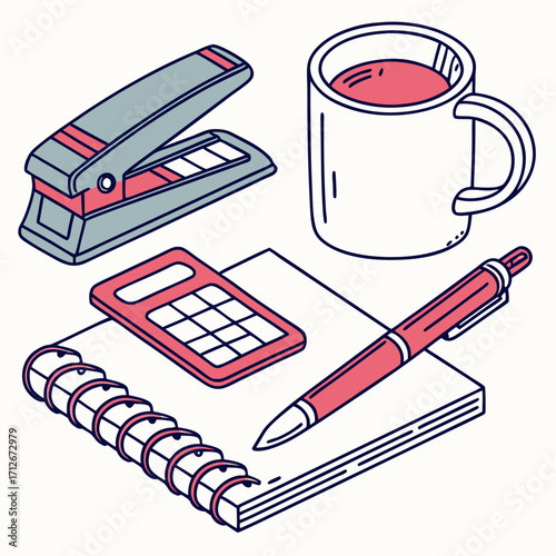 Isometric illustration of office supplies, including a stapler, mug, calculator, notebook, and pen for organization and productivity