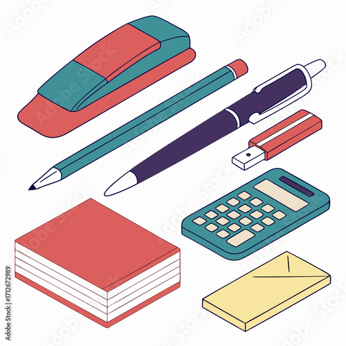 Isometric illustration of various office supplies, including a stapler, pen, calculator, book, and usb drive for efficient workflow
