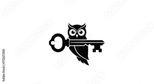 Stylized black owl holding a vintage key symbol of wisdom and knowledge.