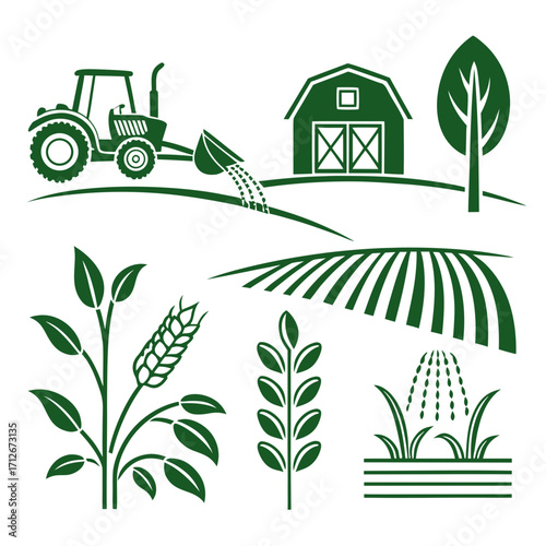 Agriculture and farming illustration featuring a tractor, barn, field, and crops