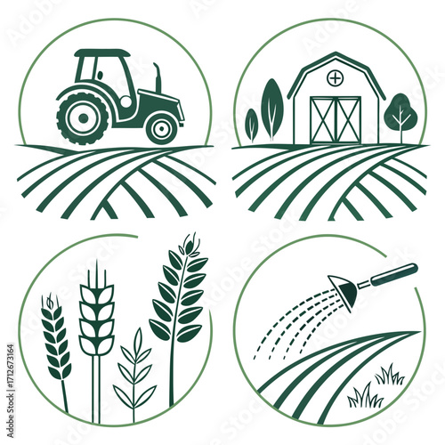 Collection of four farm icons in green color, featuring a tractor, barn, wheat, and watering can, representing agriculture and rural life