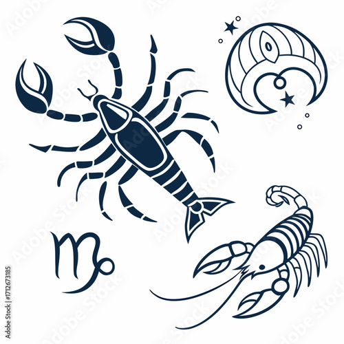 Zodiac signs vector illustration astrological symbols of cancer, scorpio, and virgo in minimalist style horoscope signs for tattoo or logo design
