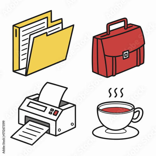 Office supplies vector illustration business icons of folder, briefcase, printer, and coffee cup in minimalist style stationery for work or education