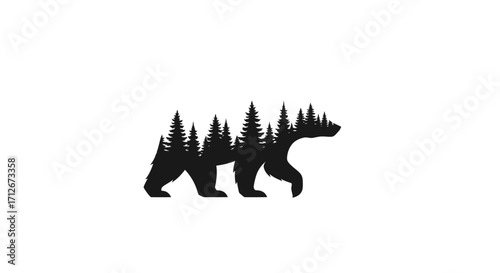 Creative bear silhouette filled with dense evergreen forest landscape design.