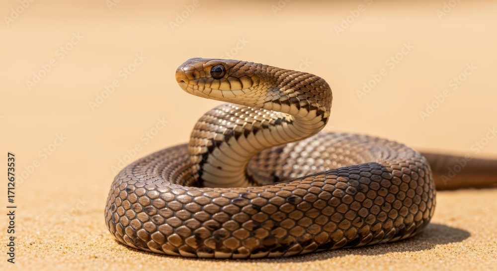 Fototapeta premium Close Up Shot of a Brown Snake Coiled on Sandy Ground