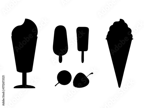 Ice cream black silhouette icons set on white. Balls in waffle cone, soft serve sundae in glass, popsicle on stick. Vector elements for minimal summer design, sweet snack illustration or logo 
