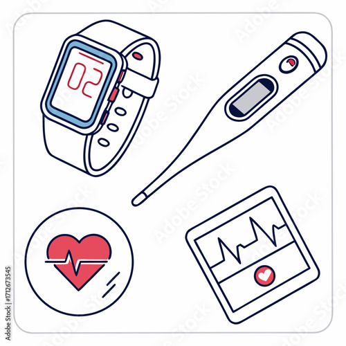 Digital health monitoring devices like smartwatch, thermometer, tablet, and portable ecg monitor, concept for remote patient monitoring