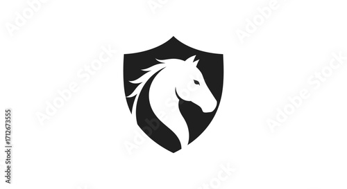 Elegant horse head emblem on a shield strong powerful graphic design symbol.