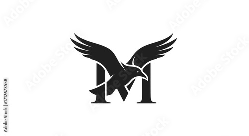 Stylized black bird soaring with bold letter M logo graphic.
