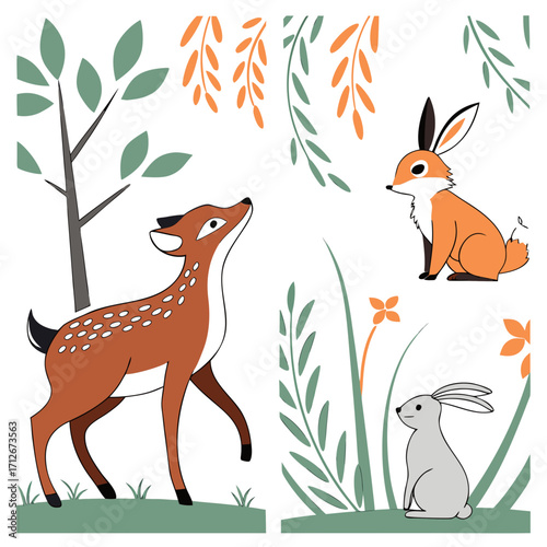 Illustration of a deer, rabbit, and fox in a forest setting the deer has spots, the rabbit has long ears, and the fox has a bushy tail