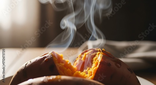 Steaming baked sweet potato, freshly cooked and ready to eat.