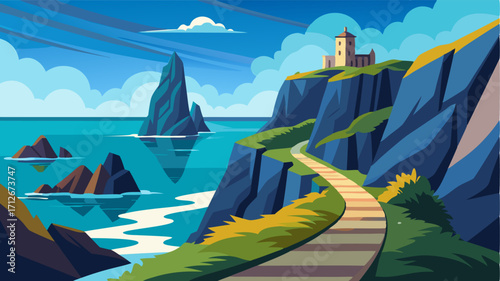 A scenic coastal pathway with vibrant sea stacks and towering cliffs as the backdrop that leads to a peaceful lighthouse perched on the edge of the sea.
