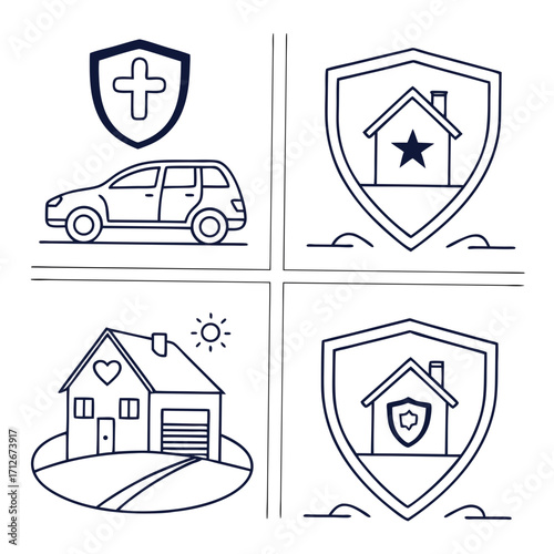 Insurance coverage diagram, illustrating car, health, life, and house protection, representing comprehensive financial security and risk management for various aspects of life