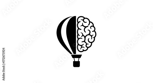 Hot air balloon with a human brain as one half symbolizing creative thought and innovation.