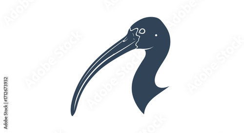 Ibis bird head with long curved beak in profile.