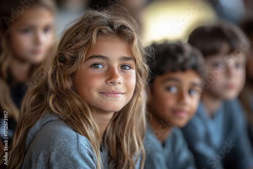 Young girl directly looks into camera.