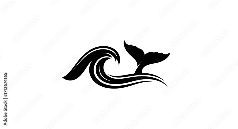 Fototapeta premium Minimalist graphic icon of a whale fluke and a curling sea wave.