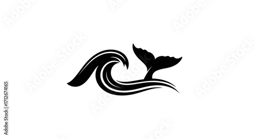 Minimalist graphic icon of a whale fluke and a curling sea wave.